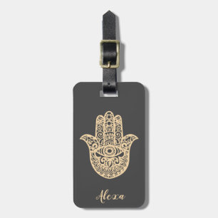 Personalized gray good luck gift hamsa hand luggage tag