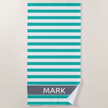 Personalized Gray Green And White Cabana Stripe Beach Towel by InTrendPatterns at Zazzle