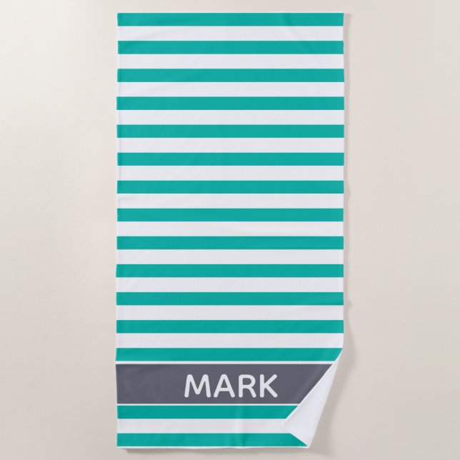 Personalized Gray Green And White Cabana Stripe Beach Towel (Front)