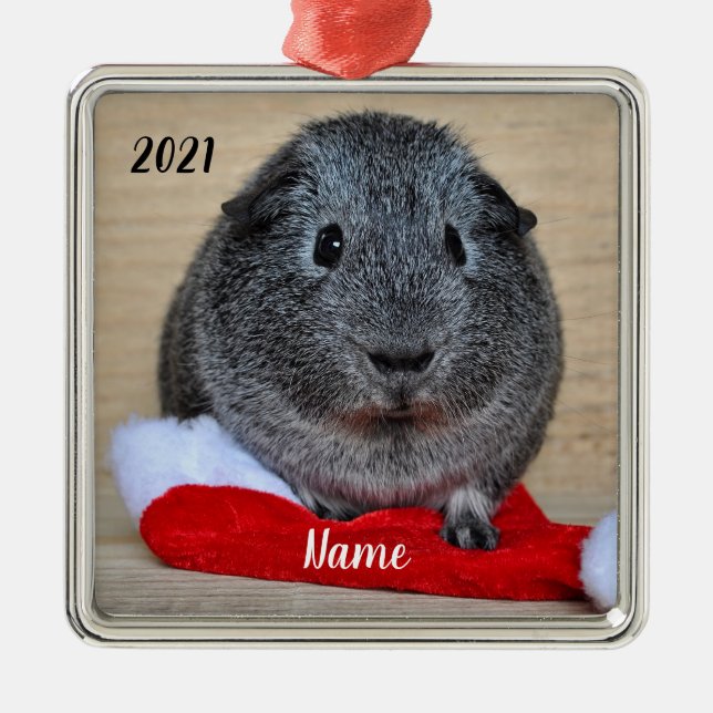 Personalized Gray Guinea Pig Santa Hat Metal Ornament (Front)