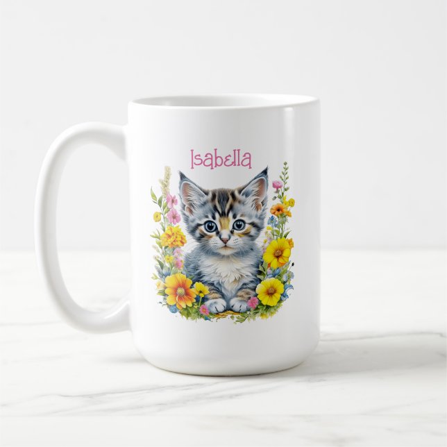 Personalized Gray Kitten and Flowers Watercolor Coffee Mug (Left)