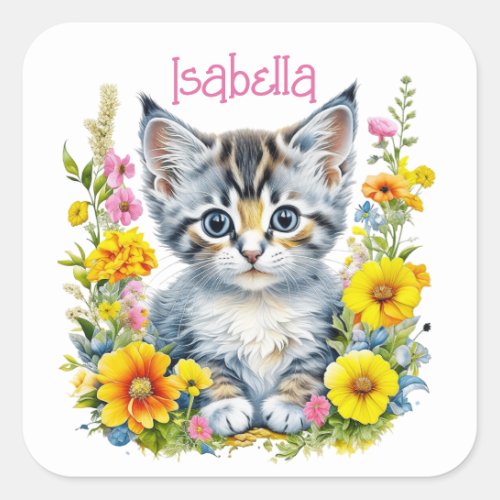 Personalized Gray Kitten and Flowers Watercolor Square Sticker