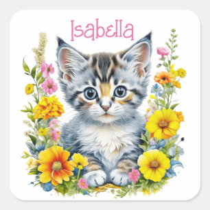 Personalized Gray Kitten and Flowers Watercolor Square Sticker