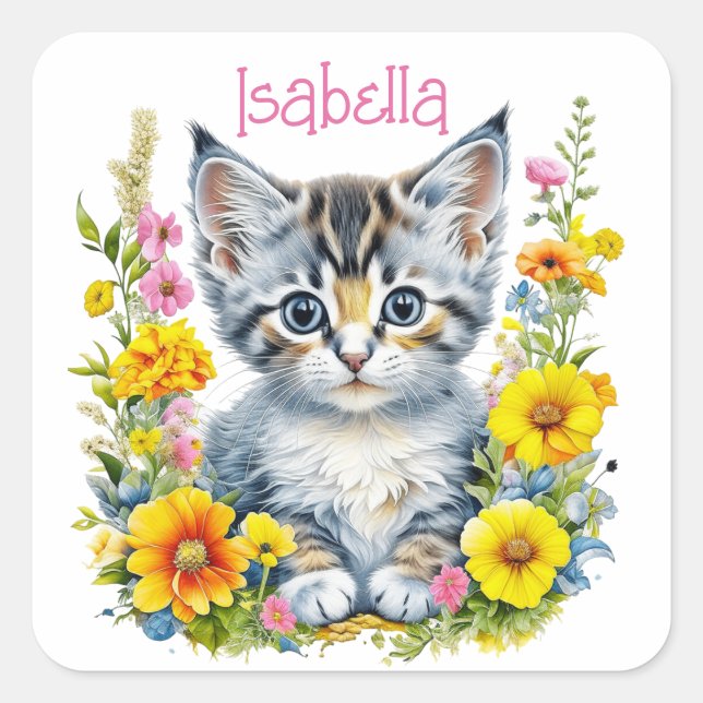 Personalized Gray Kitten and Flowers Watercolor Square Sticker (Front)