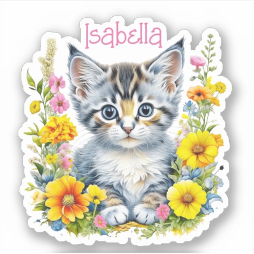 Personalized Gray Kitten and Flowers Watercolor Sticker