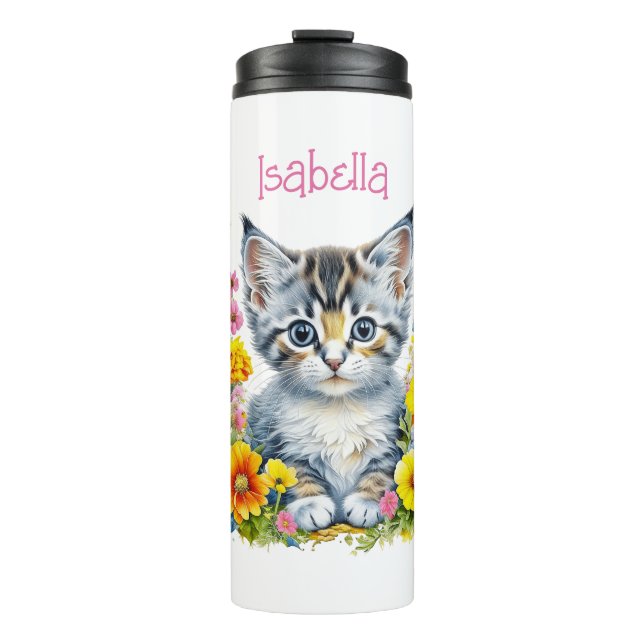 Personalized Gray Kitten and Flowers Watercolor Thermal Tumbler (Front)
