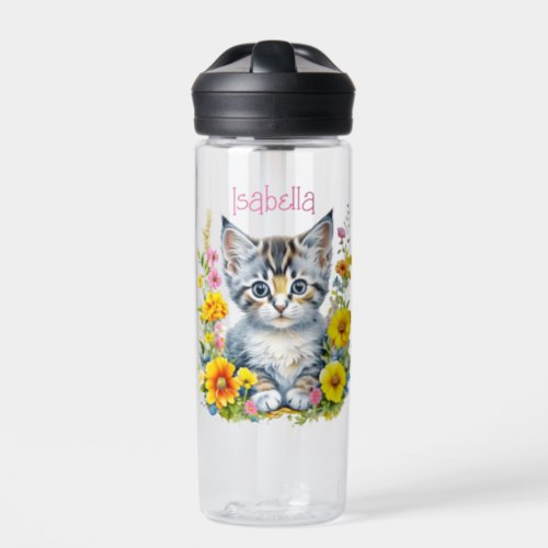 Personalized Gray Kitten and Flowers Watercolor Water Bottle