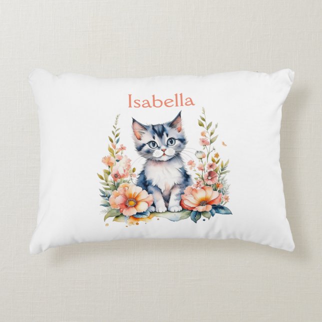 Personalized Gray Kitten in Pink Flowers Accent Pillow (Front)