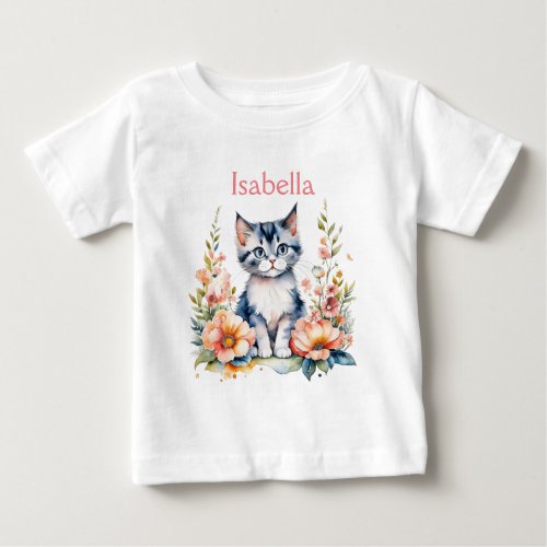 Personalized Gray Kitten in Pink Flowers Baby T_Shirt