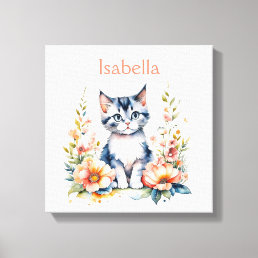 Personalized Gray Kitten in Pink Flowers Canvas Print