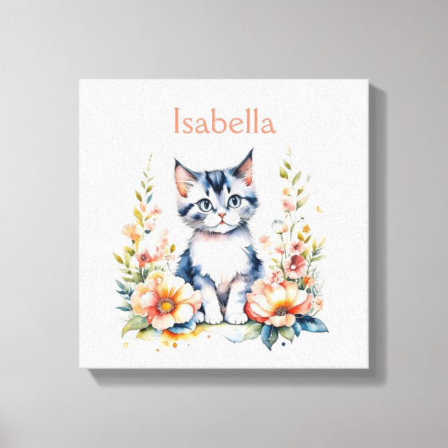 Personalized Gray Kitten in Pink Flowers Canvas Print (Front)