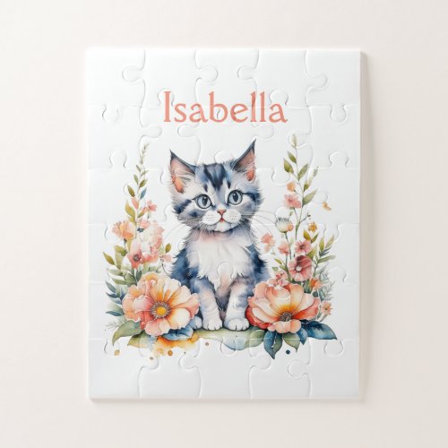 Personalized Gray Kitten in Pink Flowers Jigsaw Puzzle