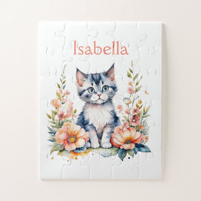 Personalized Gray Kitten in Pink Flowers Jigsaw Puzzle (Vertical)