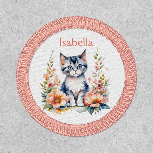 Personalized Gray Kitten in Pink Flowers Patch