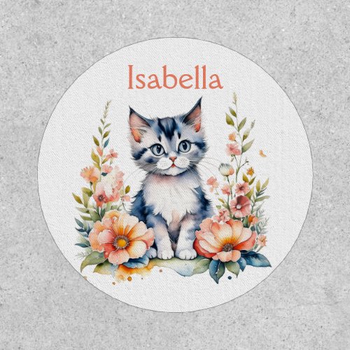 Personalized Gray Kitten in Pink Flowers Patch