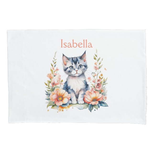 Personalized Gray Kitten in Pink Flowers Pillow Case (Front)