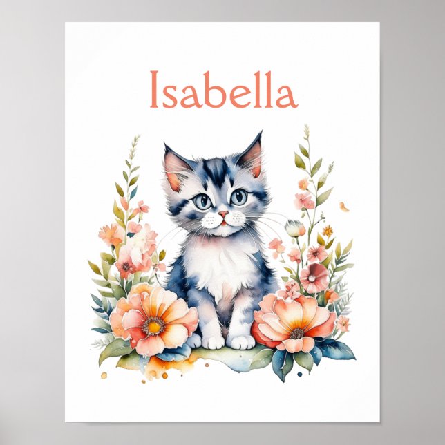 Personalized Gray Kitten in Pink Flowers Poster (Front)