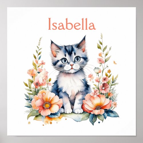 Personalized Gray Kitten in Pink Flowers Poster
