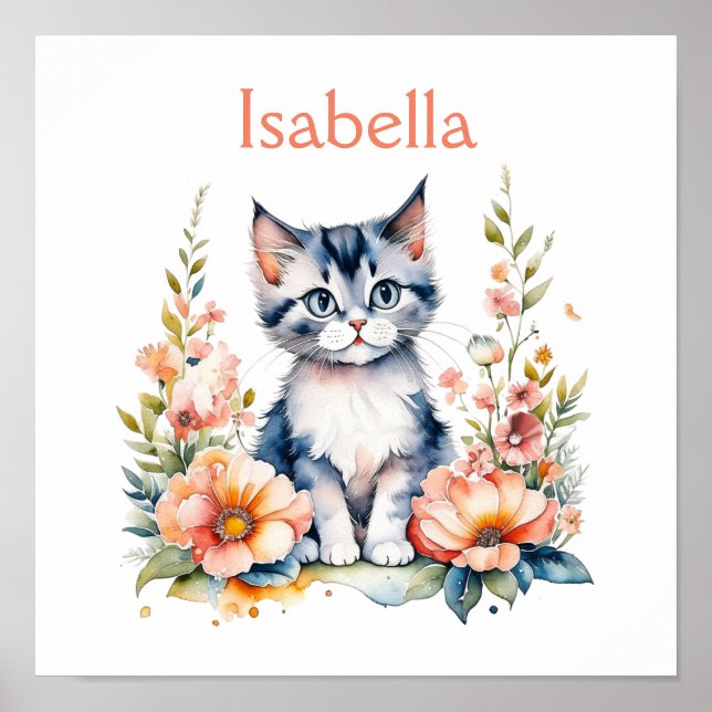 Personalized Gray Kitten in Pink Flowers Poster (Front)