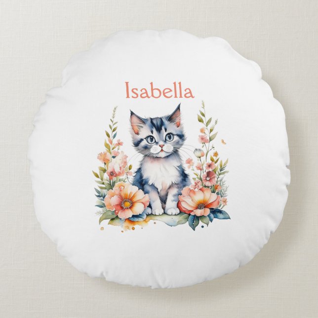 Personalized Gray Kitten in Pink Flowers Round Pillow (Front)
