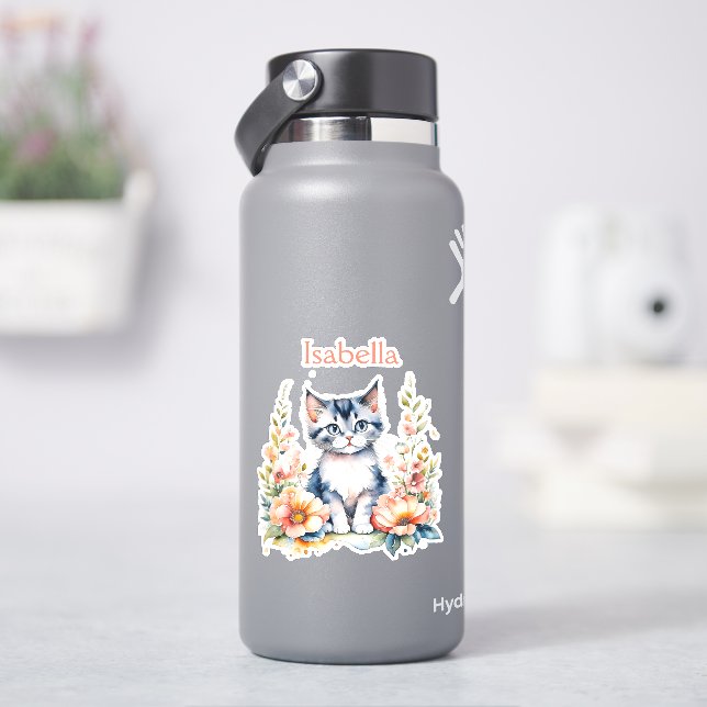 Personalized Gray Kitten in Pink Flowers Sticker (HydroFlask)