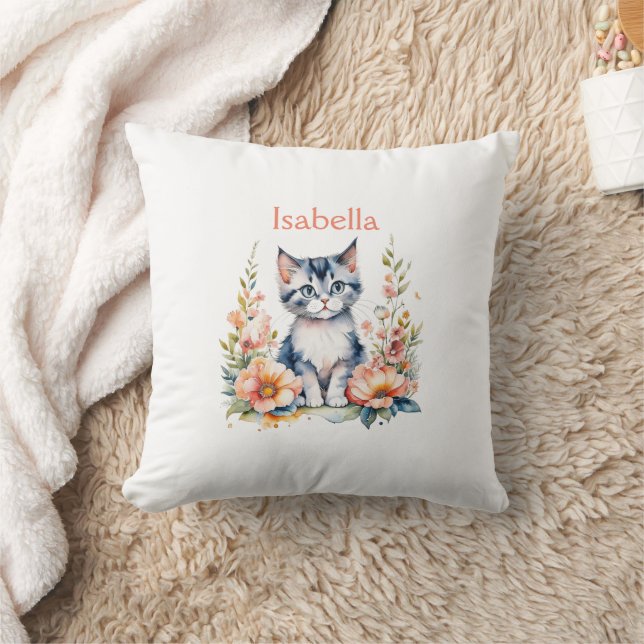 Personalized Gray Kitten in Pink Flowers Throw Pillow (Blanket)