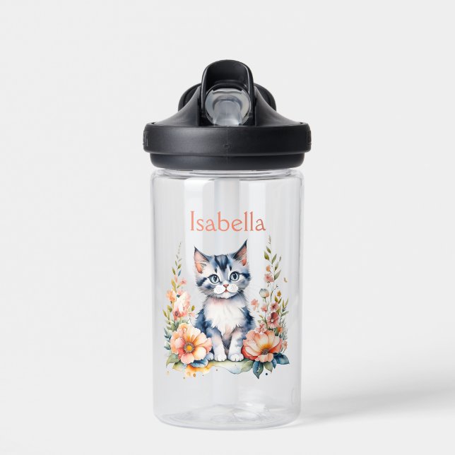 Personalized Gray Kitten in Pink Flowers Water Bottle (Front)