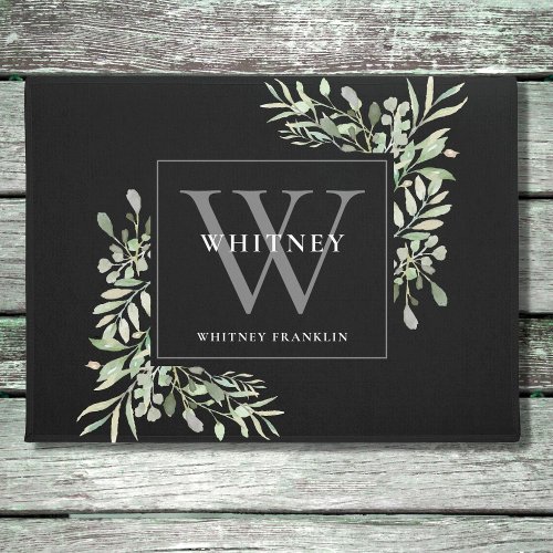 Personalized Gray Monogram Greenery Floral Black Doormat