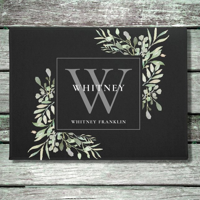 Personalized Gray Monogram Greenery Floral Black Doormat (Creator Uploaded)
