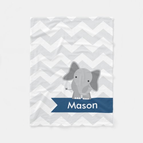 Personalized Gray Navy Blue Chevron Elephant Fleece Blanket