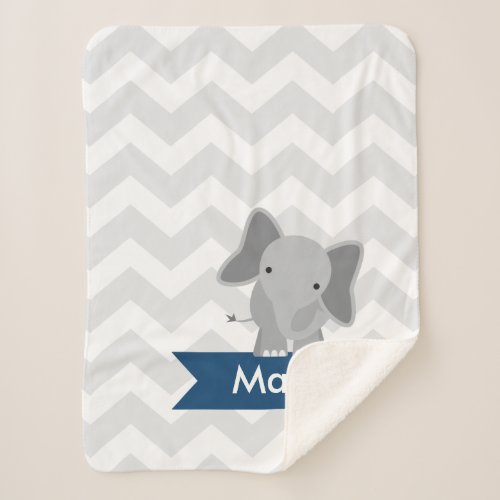 Personalized Gray Navy Blue Chevron Elephant Sherpa Blanket