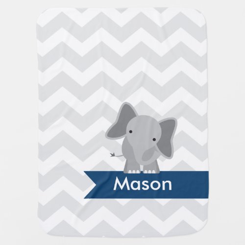 Personalized Gray Navy Blue Chevron Elephant Swaddle Blanket