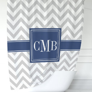 Personalized Gray Navy Blue Chevron Monogram Shower Curtain