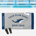 Personalized Gray Navy Swim Team Swimmer Name Beach Towel<br><div class="desc">Personalized swim team pool towel design for swimmers features custom text for the swimmer's first and last name, swim team club name, and mascot or other text. Add your team logo to the dolphin placeholder image. The color scheme of gray, navy blue and white can be modified to coordinate with...</div>