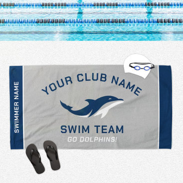 Personalized Gray Navy Swim Team Swimmer Name Beach Towel