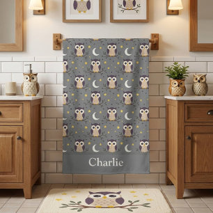 Personalized Gray Owl Kids Bath Towel
