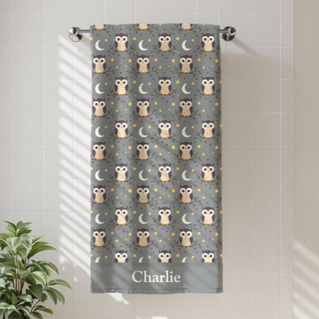 Personalized Gray Owl Kids Bath Towel (Creator Uploaded)
