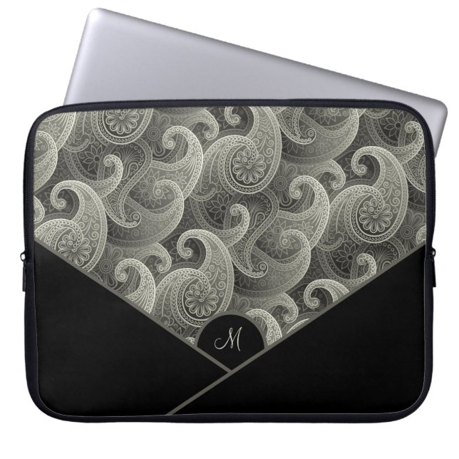Personalized Gray Paisley Pattern with Monogram Laptop Sleeve (Front)