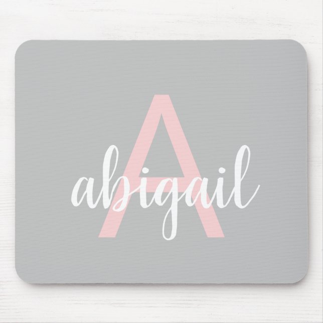 Personalized Gray Pink Monogram Modern Name Mouse Pad (Front)