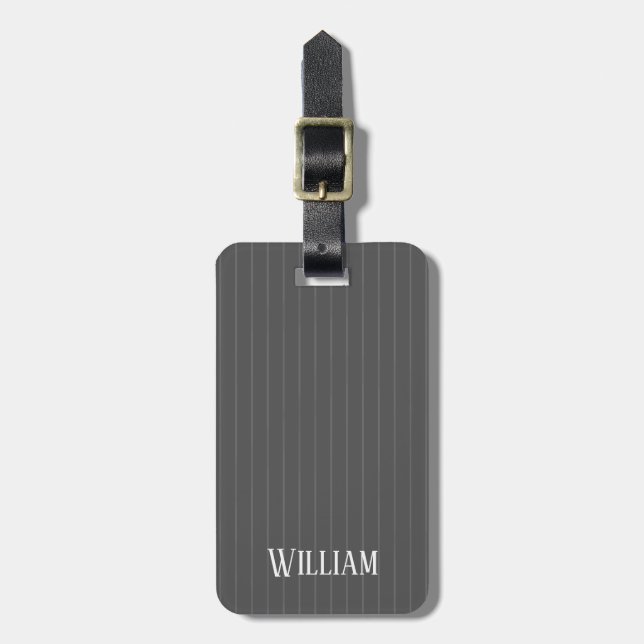 Personalized gray pinstripes luggage tag (Front Vertical)