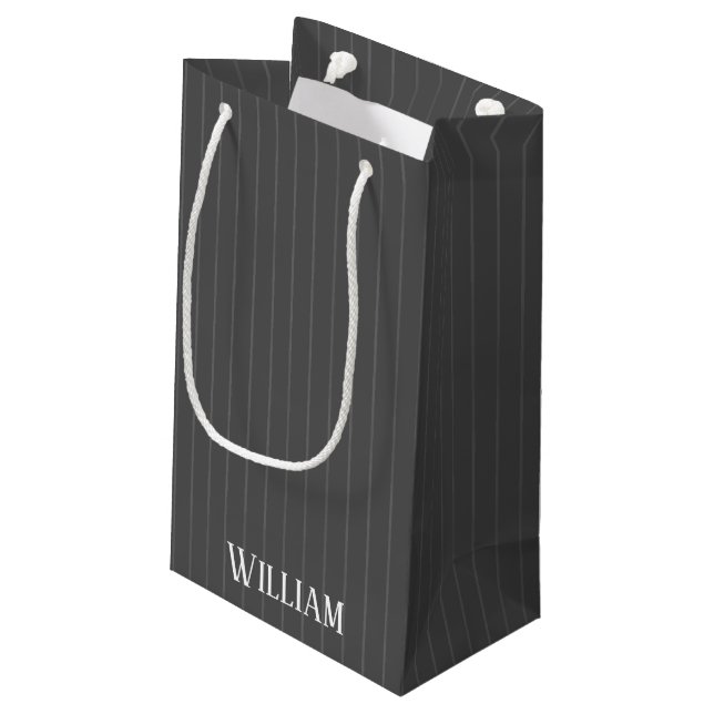 Personalized gray pinstripes small gift bag (Back Angled)