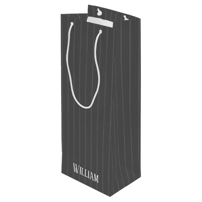 Personalized gray pinstripes wine gift bag (Back Angled)