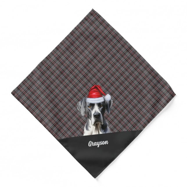 Personalized Gray Plaid Great Dane Dog Christmas Bandana (Front)