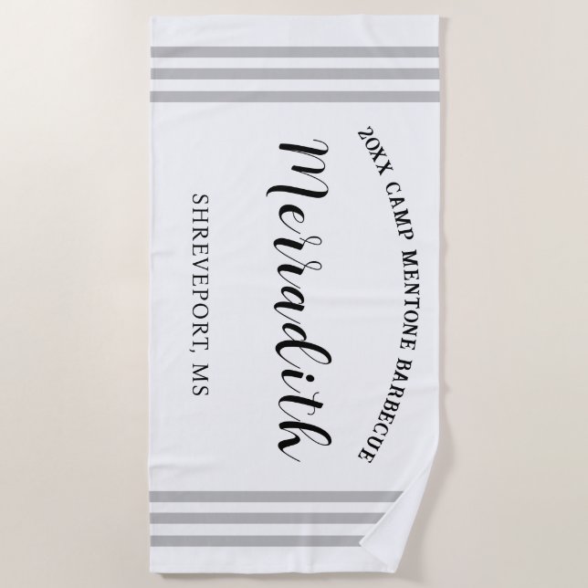 Personalized Gray-Stripes Black White Beach Towel (Front)