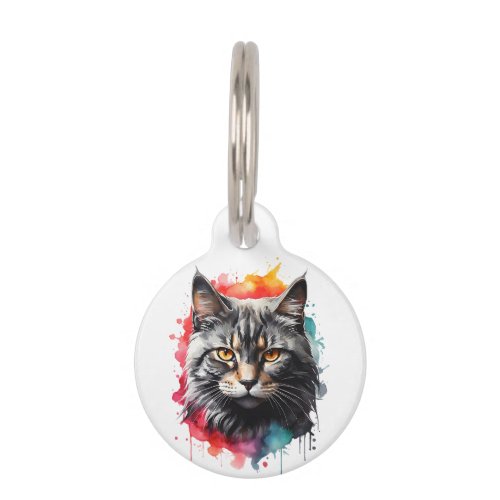 Personalized Gray Tabby Cat Splatter Art Portrait  Pet ID Tag