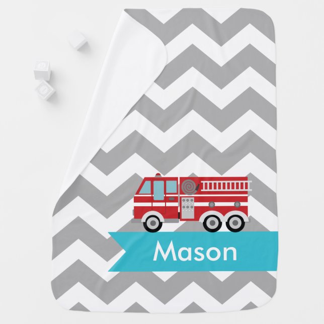 Personalized Gray Teal Chevron Fire Truck Boy Baby Blanket (In Situ)