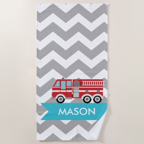 Personalized Gray Teal Chevron Fire Truck Boy Beach Towel