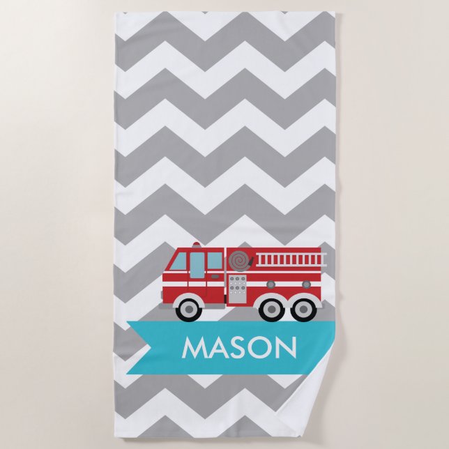 Personalized Gray Teal Chevron Fire Truck Boy Beach Towel (Front)
