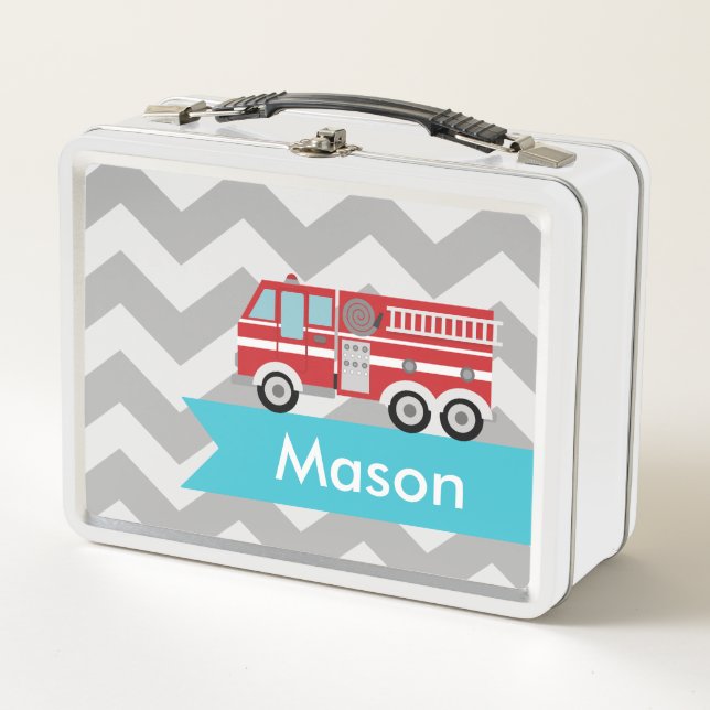Personalized Gray Teal Chevron Fire Truck Boy Metal Lunch Box (Front)