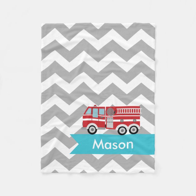 Personalized Gray Teal Chevron Fire Truck Fleece Blanket (Front)